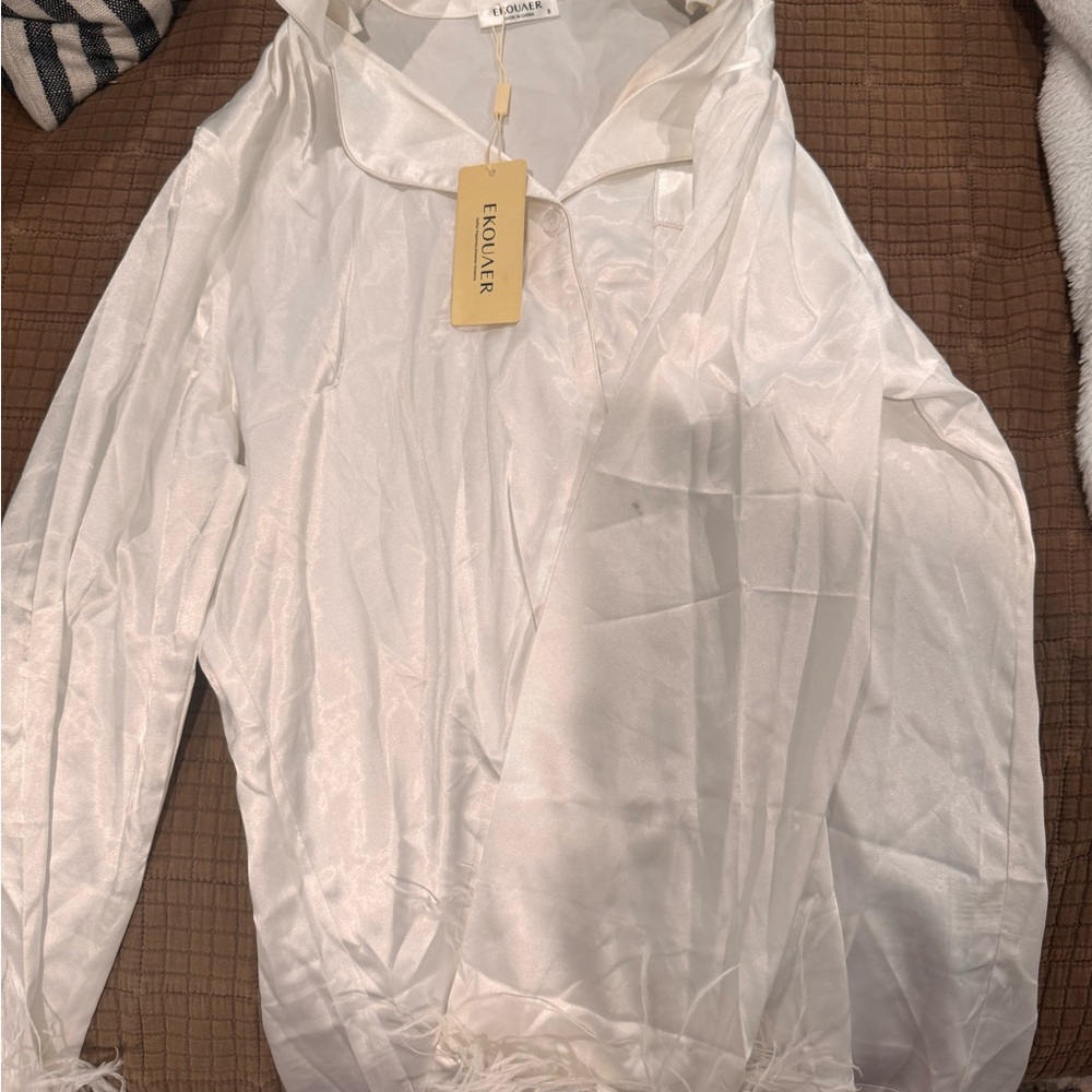 White Silk Blouse with Fringe and Shorts